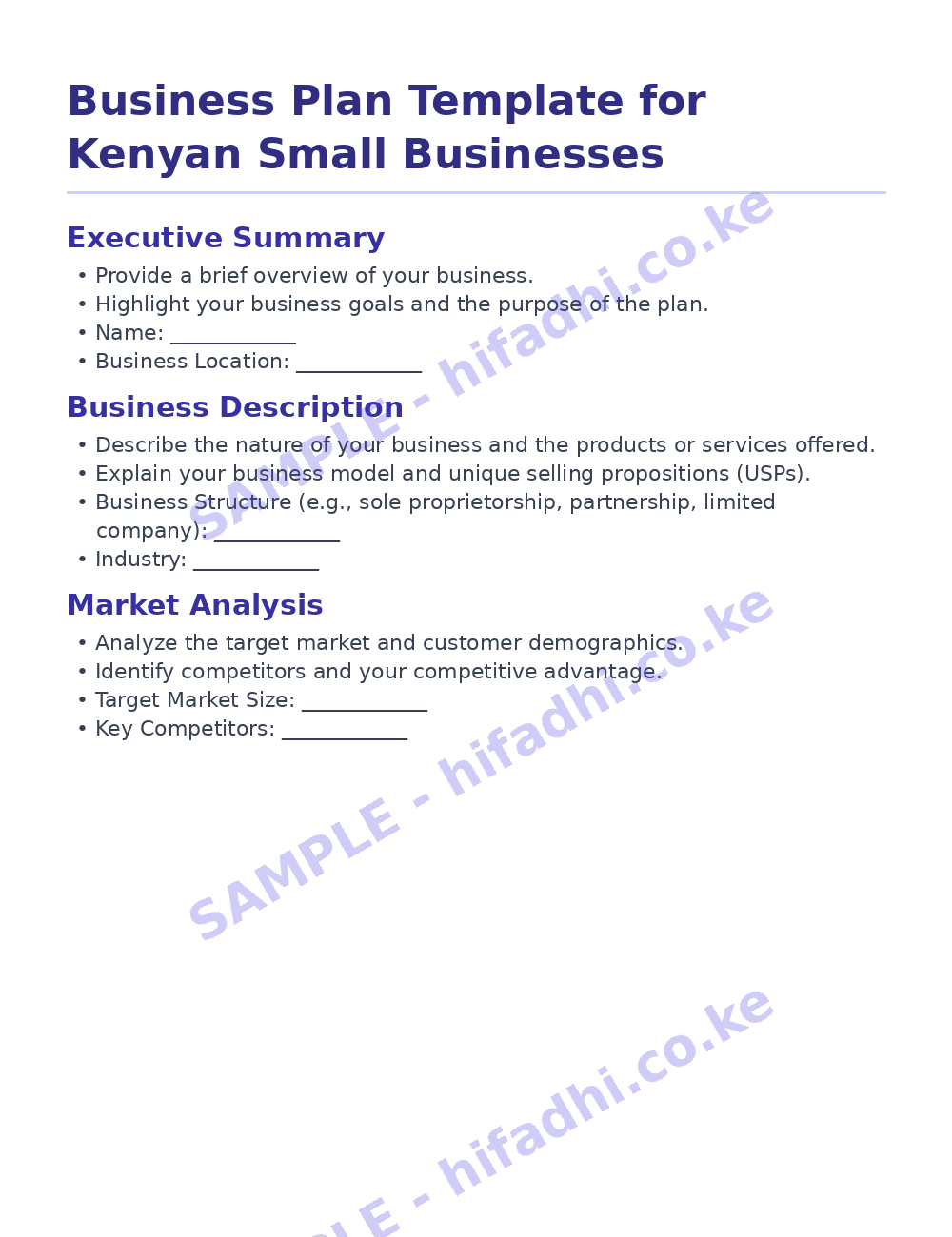 Watermarked sample of Business Plan Template for Kenyan Small Businesses